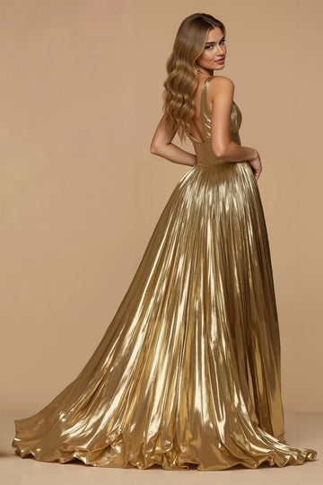 V Neck Golden Metallic Pleated A Line Holiday Dress